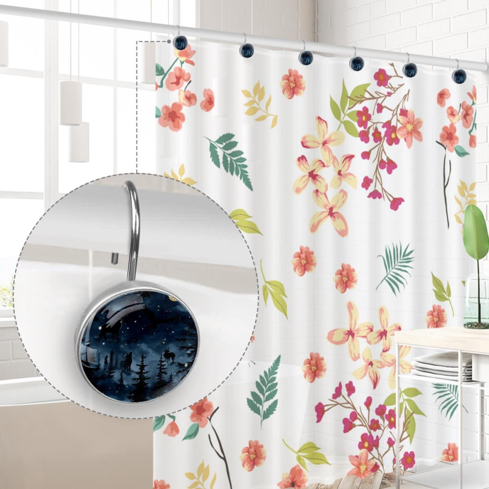 Night Forest Wild Animals Silhouette Shower Curtain Hooks Round Crystal Glass, Set of 12 Shower Curtain Rings - Shower Hooks for Curtain Shower Rings