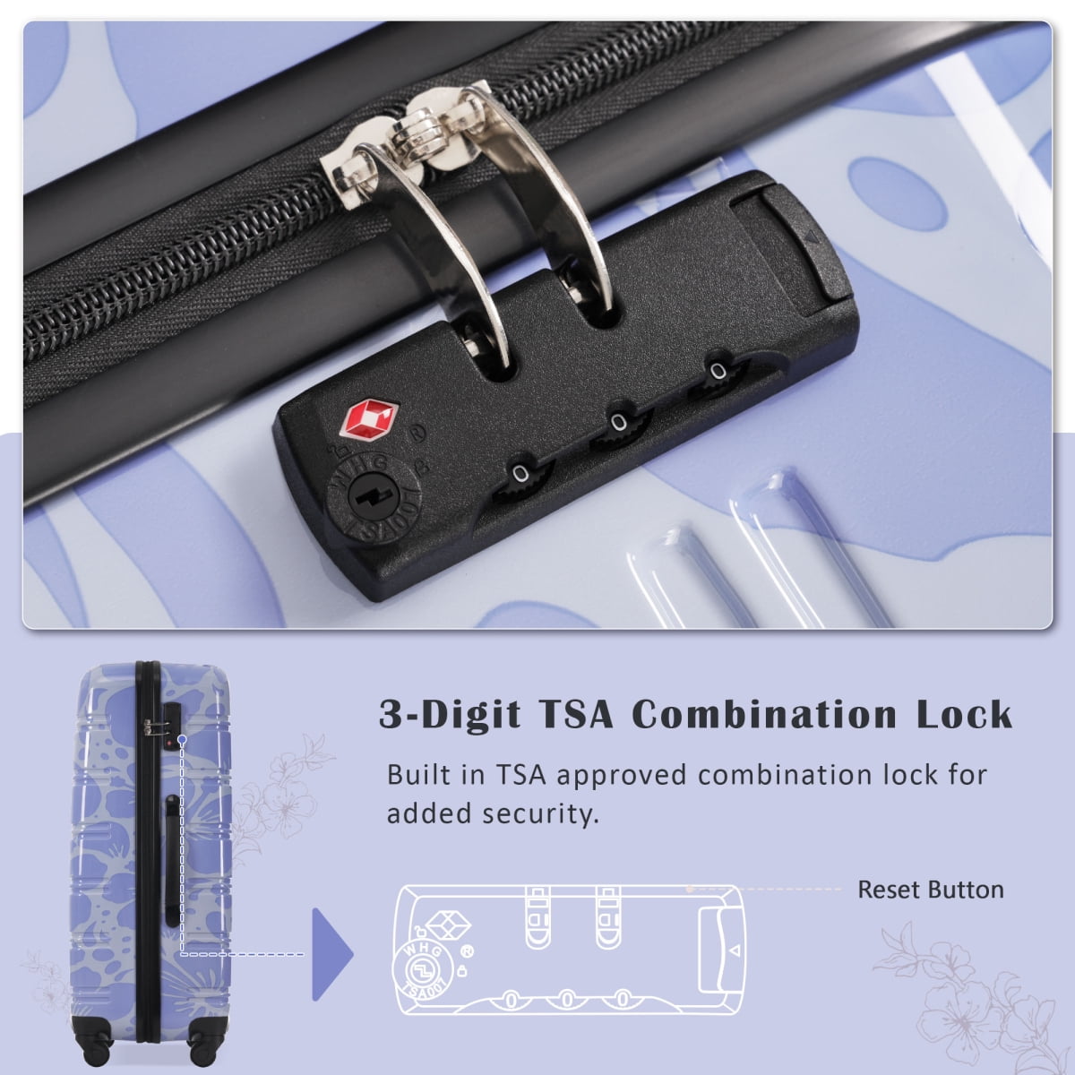 Hardshell Luggage Set 3 Piece Spinner Suitcase TSA Lock Lightweight Blue