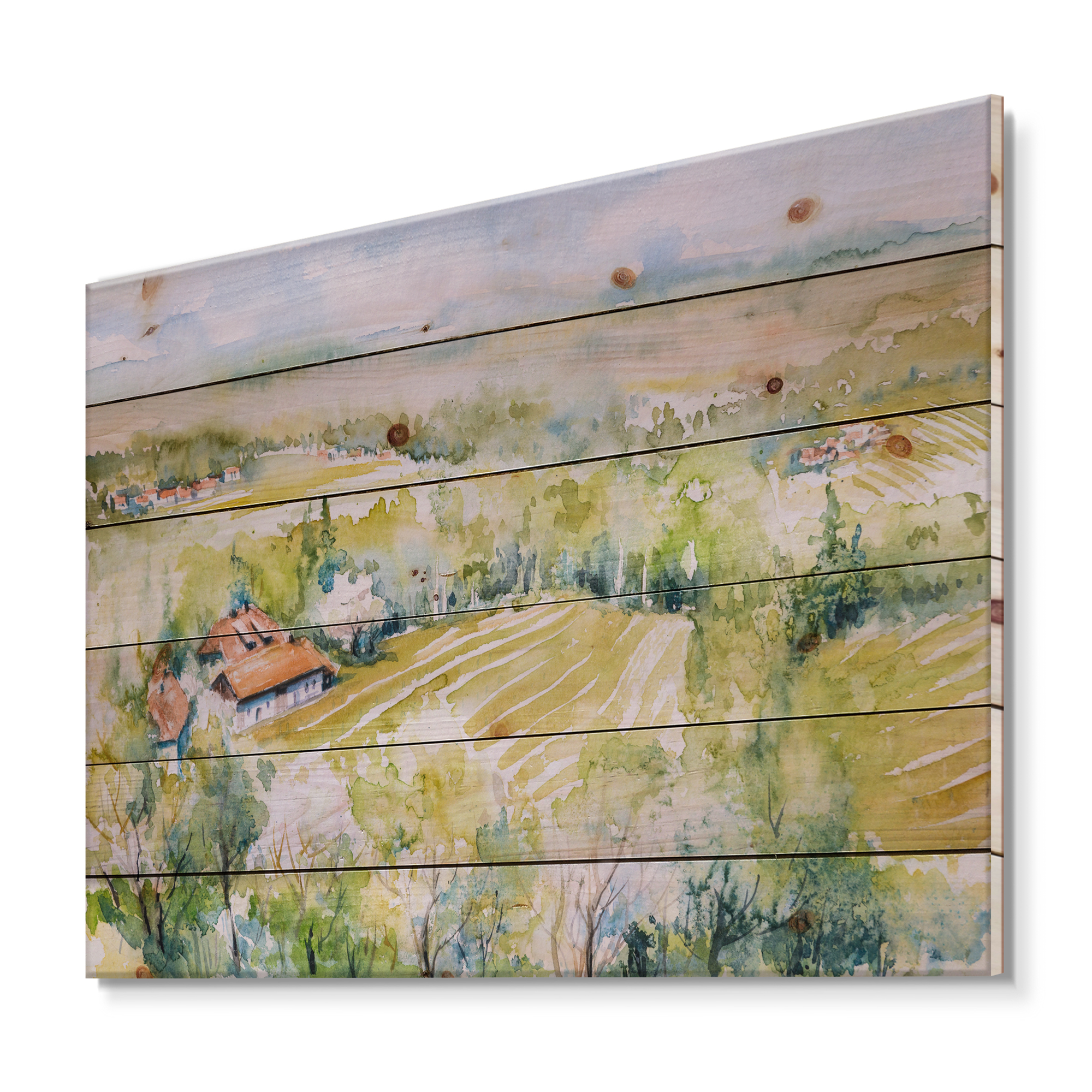 Designart 'Abstract Blossoming Green Fields In Countryside ' Country Print on Natural Pine Wood