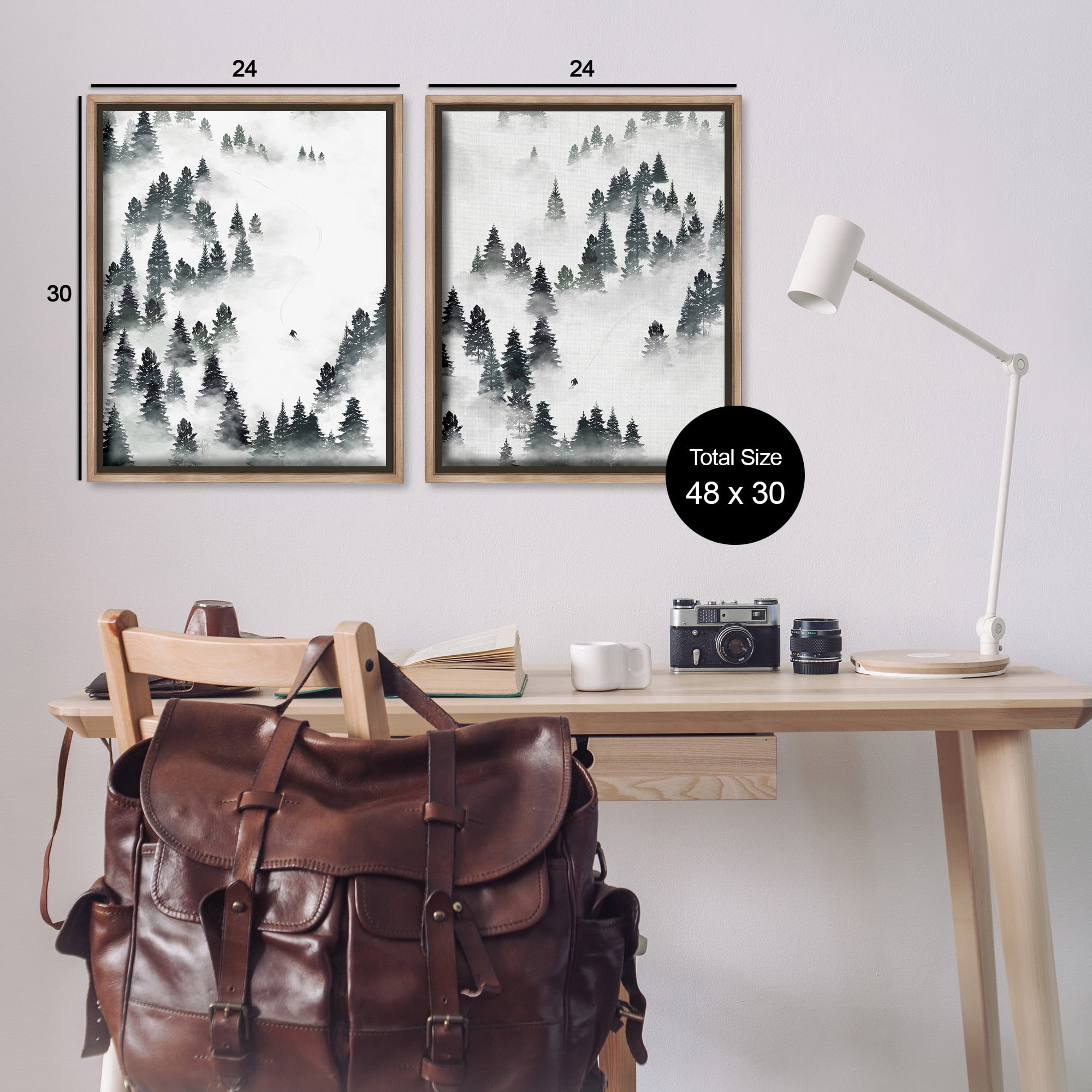 Stupell Industries Winter Ski Slopes Mountain Landscape Painting Brown Floater Framed Canvas Art Print Wall Art, 25 x 31, Set of 2