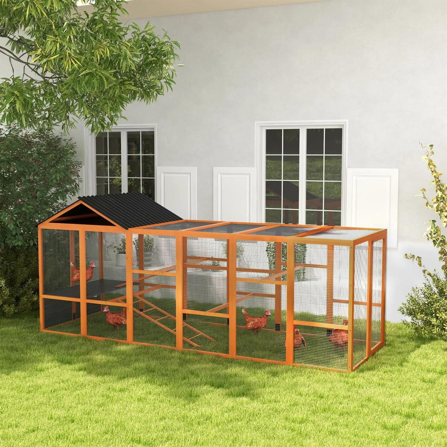 Pefilos 141" Large Chicken Coop Rabbit Hutch, Outdoor Wooden Poultry Cage Hen House Add-On with Storage, Perches for Garden Backyard, Orange