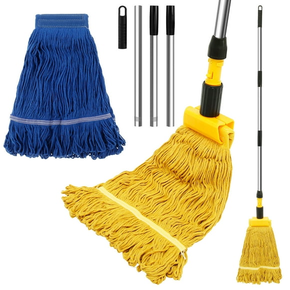 Wekvgz Cotton Mop with 2 String Cotton Mop Heads Portable Looped-End String Industrial Mop with Long Handle Detachable String Mop with Jaw Clamp Washable Commercial Mop Replaceable