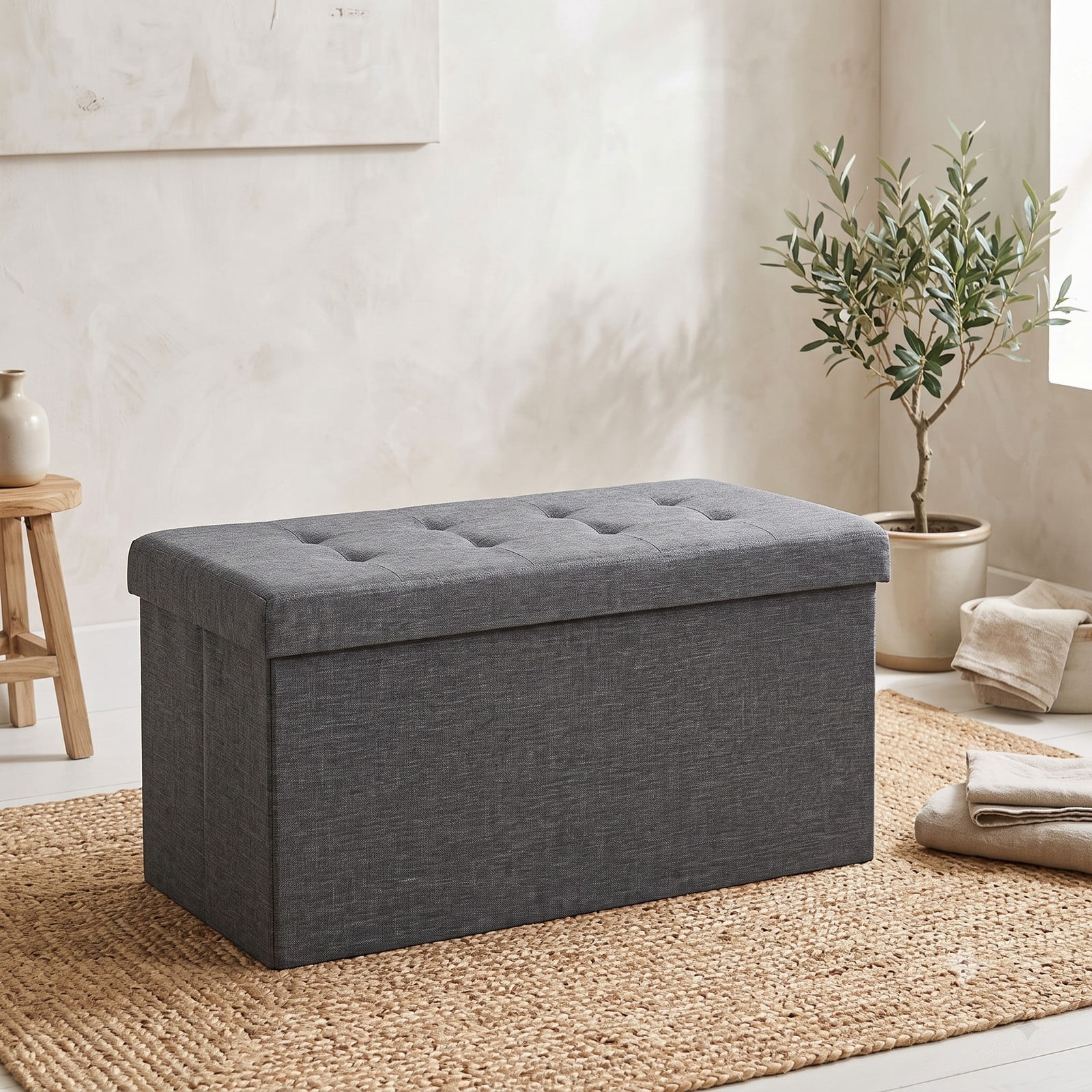 Furnibear 31.5 Inch Foldable Fabric Storage Bench Ottoman with Padded Seat and Removable Hanging Bin for Entryway, Dark Gray