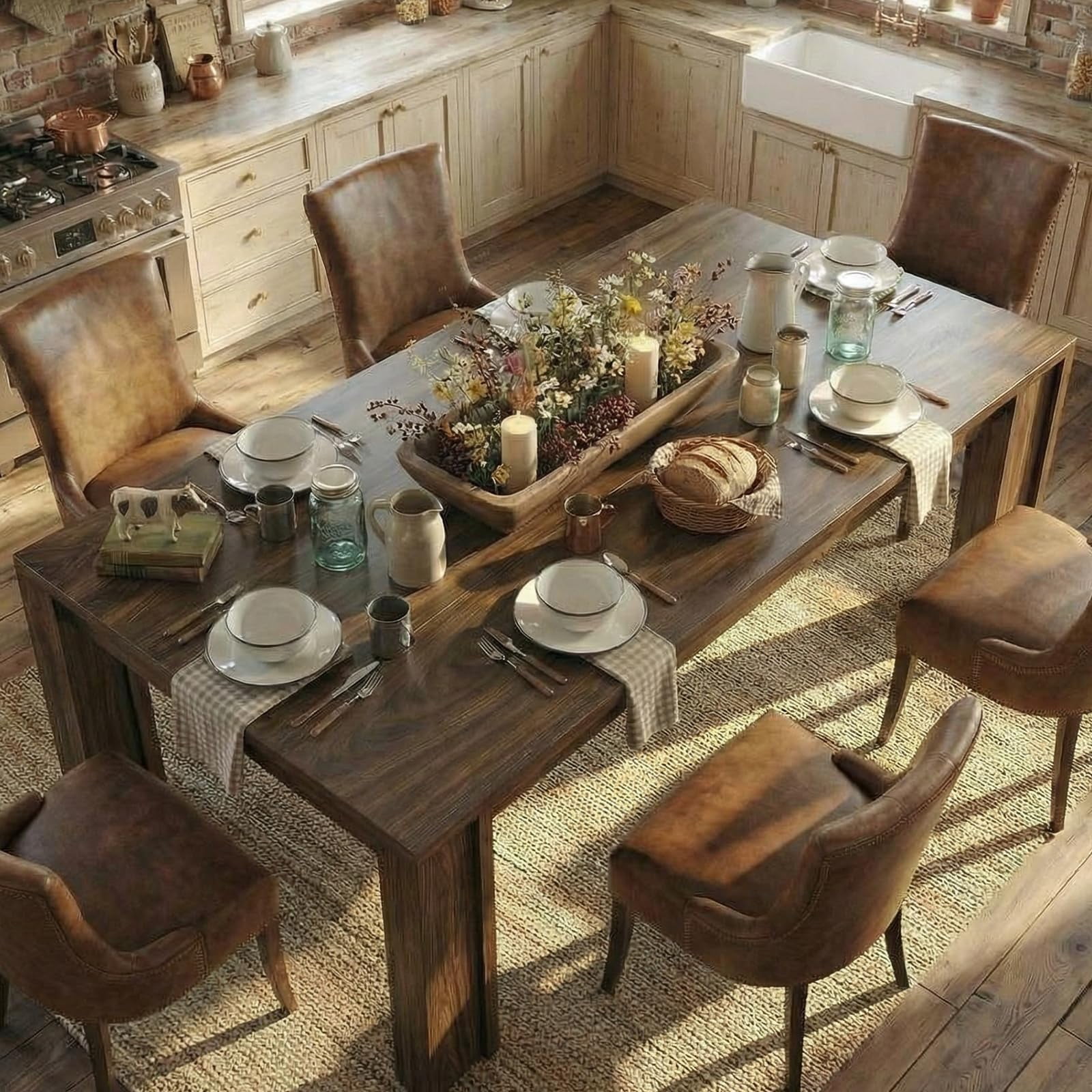 Farmhouse Rectangular Dining Table 71 in Seats 6-8 - Thick Wood Top - Wide H-Legs & Reinforced Frame - Large Kitchen/Dining Room Table for Apartment/Home Office Walnut