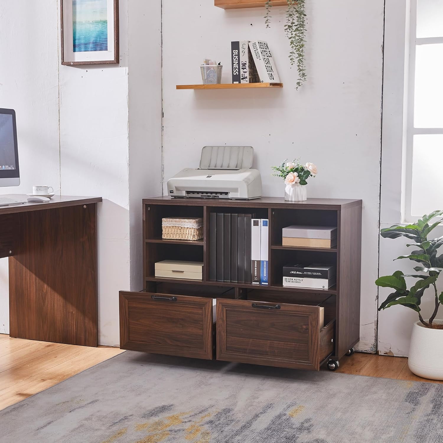 LayBurst 39.3" Farmhouse Wood File Cabinet with Wheels,Small Home Office Storage,Rolling File Cabinet with 2 Drawers for Legal/Letter/ A4 Size (Brown)