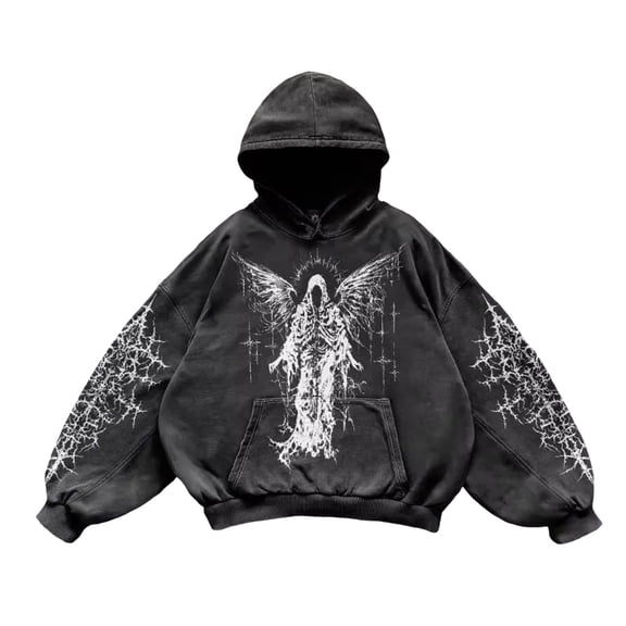 Puliio Men's Dark Wings Portrait Graphic Hoodie Drawstring Distressed Oversized Pullover Gothic Streetwear Sweatshirts With Pocket