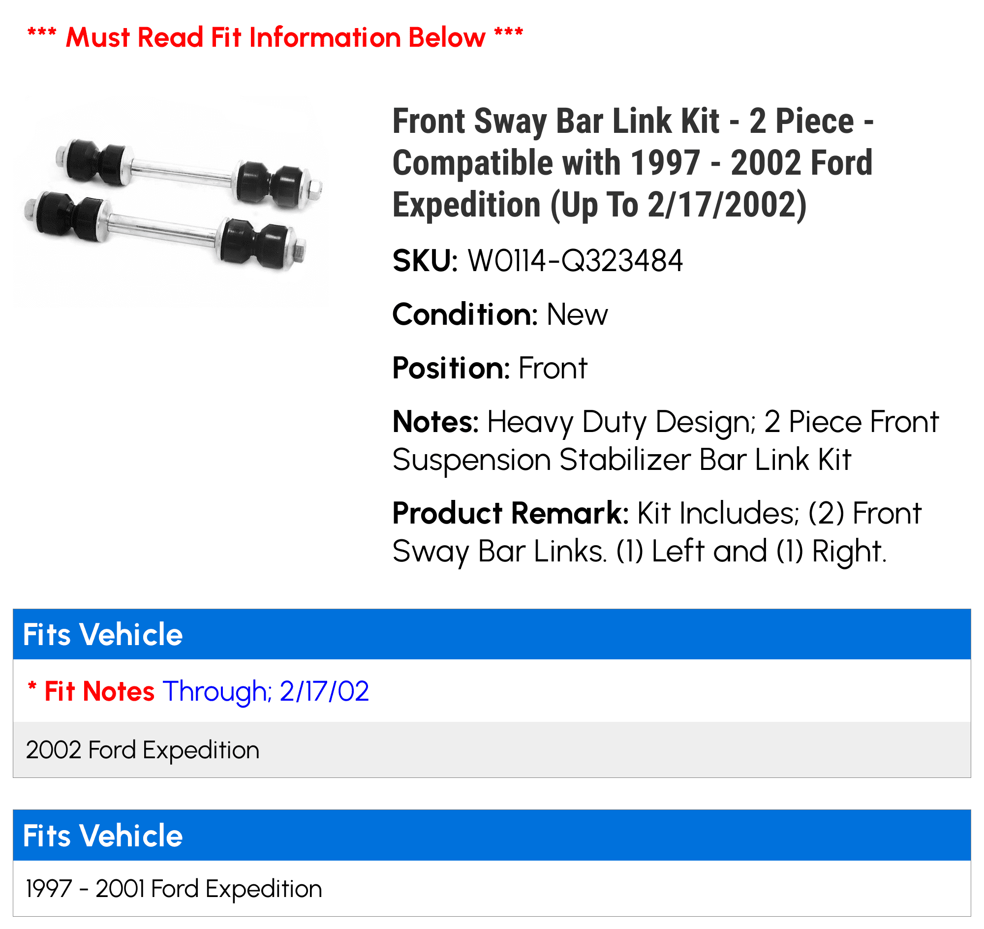 Front Sway Bar Link Kit - 2 Piece - Compatible with 1997 - 2002 Ford Expedition (Up To 2/17/2002) 1998 1999 2000 2001