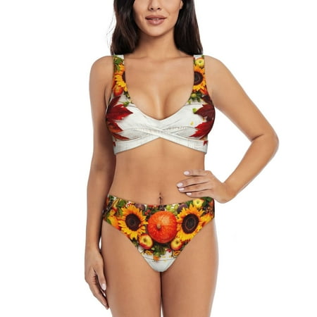 Zeuib Thanksgiving With Autumn High Waisted Tummy Control Bikini Set - Knot Front Push Up Top & Cheeky Thong Bottom  Two-Piece Swimsuit for Women-X-Large