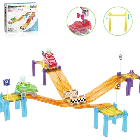 PicassoTiles Race Track Magnetic Tiles for Kids with 2 Racing Cars – 45PCS STEM Construction Building Blocks Educational Toy Set
