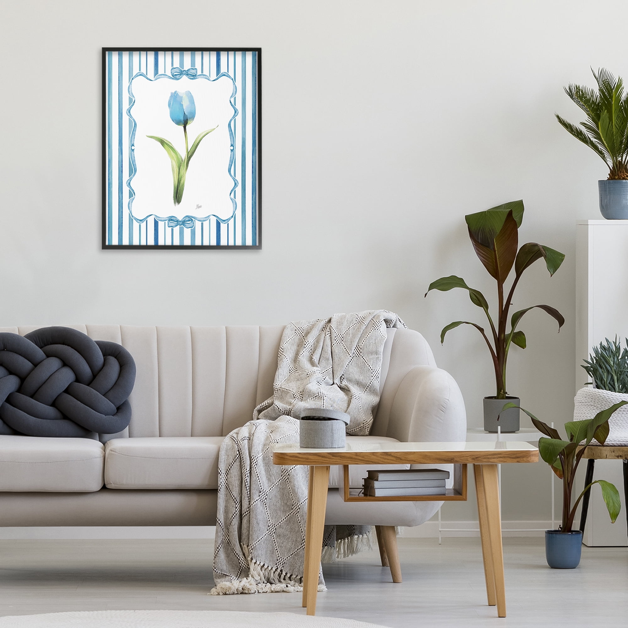 Stupell Industries Single Blue Tulip Stripes Black Framed Giclee Art, design by Nan