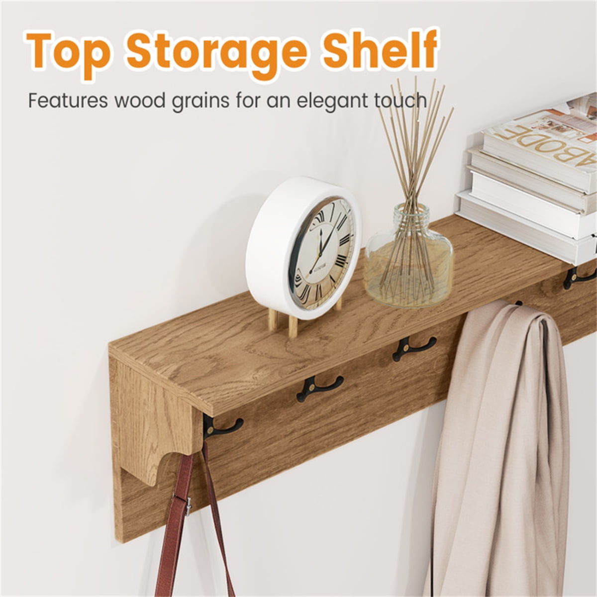Natural Wood Wall Mount Coat Rack with Shelf 6 Hooks Entryway Organizer Floating Shelf for Keys Hats Bags Towels 110 lb Capacity Mudroom Bathroom Bedroom Storage Space Saving 31.5In Rustic Home Decor