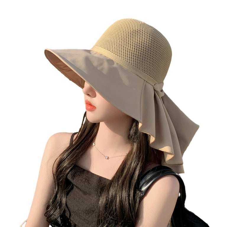 Honrane Women Sun Hat Bow Decor Elastic Hollow Out Ruffle Wide Band  Sunshade Breathable Neck Protection Lady Summer Cap Women Headwear 