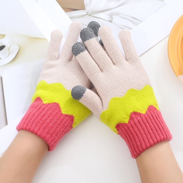 Women Men Can Enable Screen Gloves Warm Stretch Knitted Gloves Mittens Winter Keep Warm Knitting Waves Splicing Golves Students Outdoor Riding Hiking Mittens