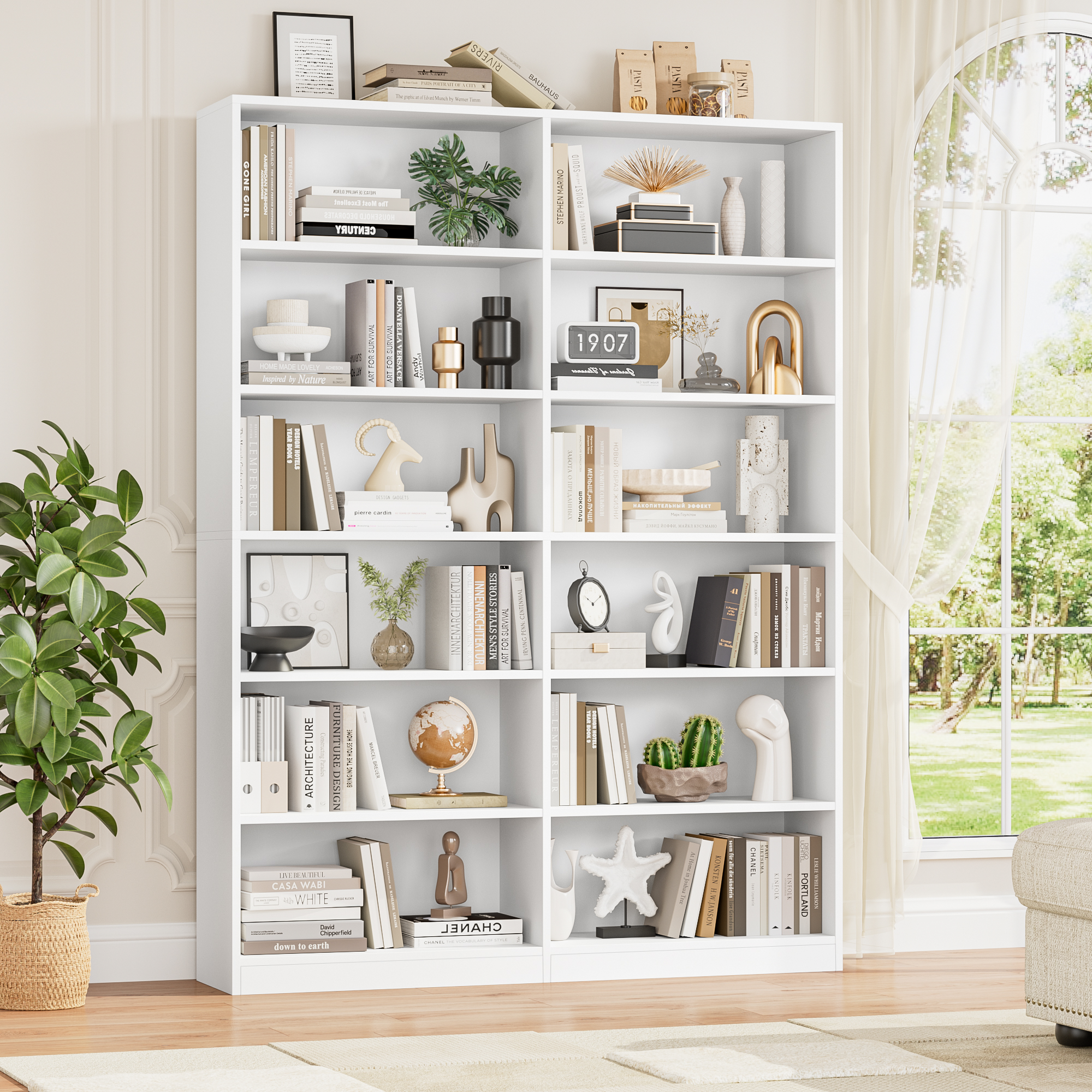 Homfa Double Wide 6-Tier Bookcase, White photo 2