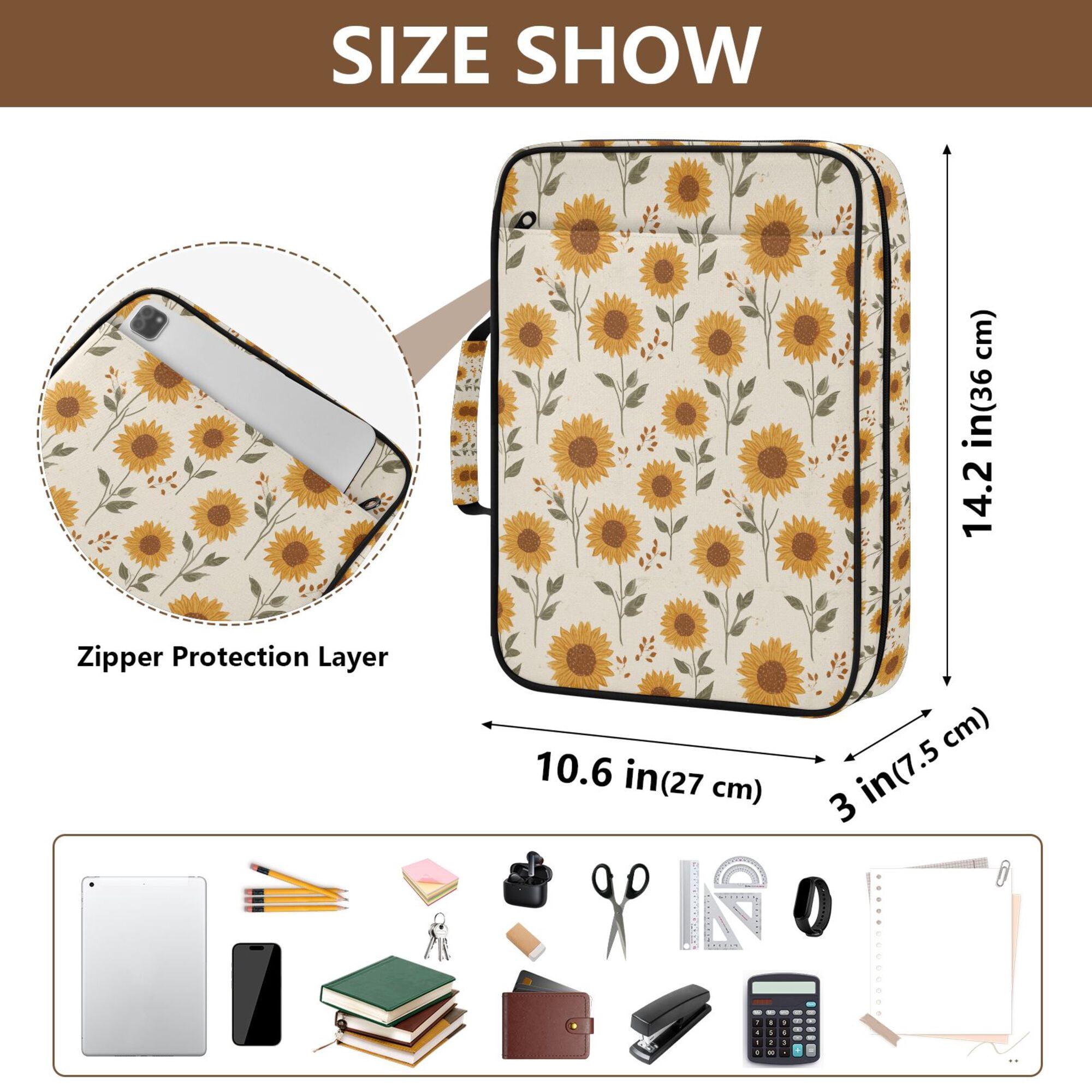 FORMRS Accordion File Folder A4 Size 7-Pocket Expanding Document Organizer Bag with 3 Ring Binder, Beige Sunflower Pattern