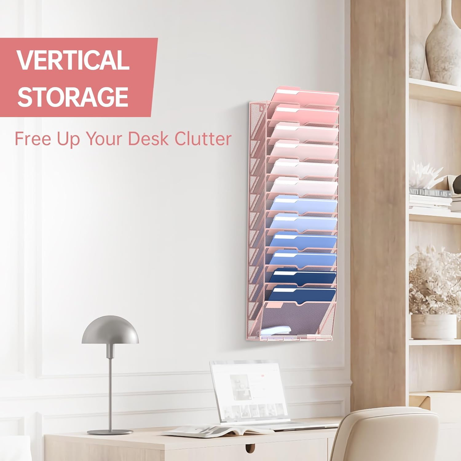 INTIGE 13-Tier Wall File Organizer with Hooks, Hanging File Organizer for Office School Home,Pink
