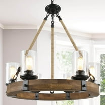 LNC 6-Light Distressed Wood and Black Wagon Wheel Chandelier with Seeded Glass
