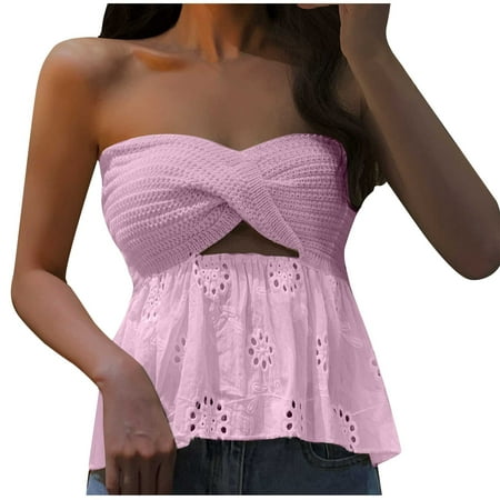 

Women s Bra Knitted Suspender Lace Sleeveless Off Shoulder Tight-fitting Thin Wool Knit Jacket Knitting Cold Shoulder Halter Camisole Pink M