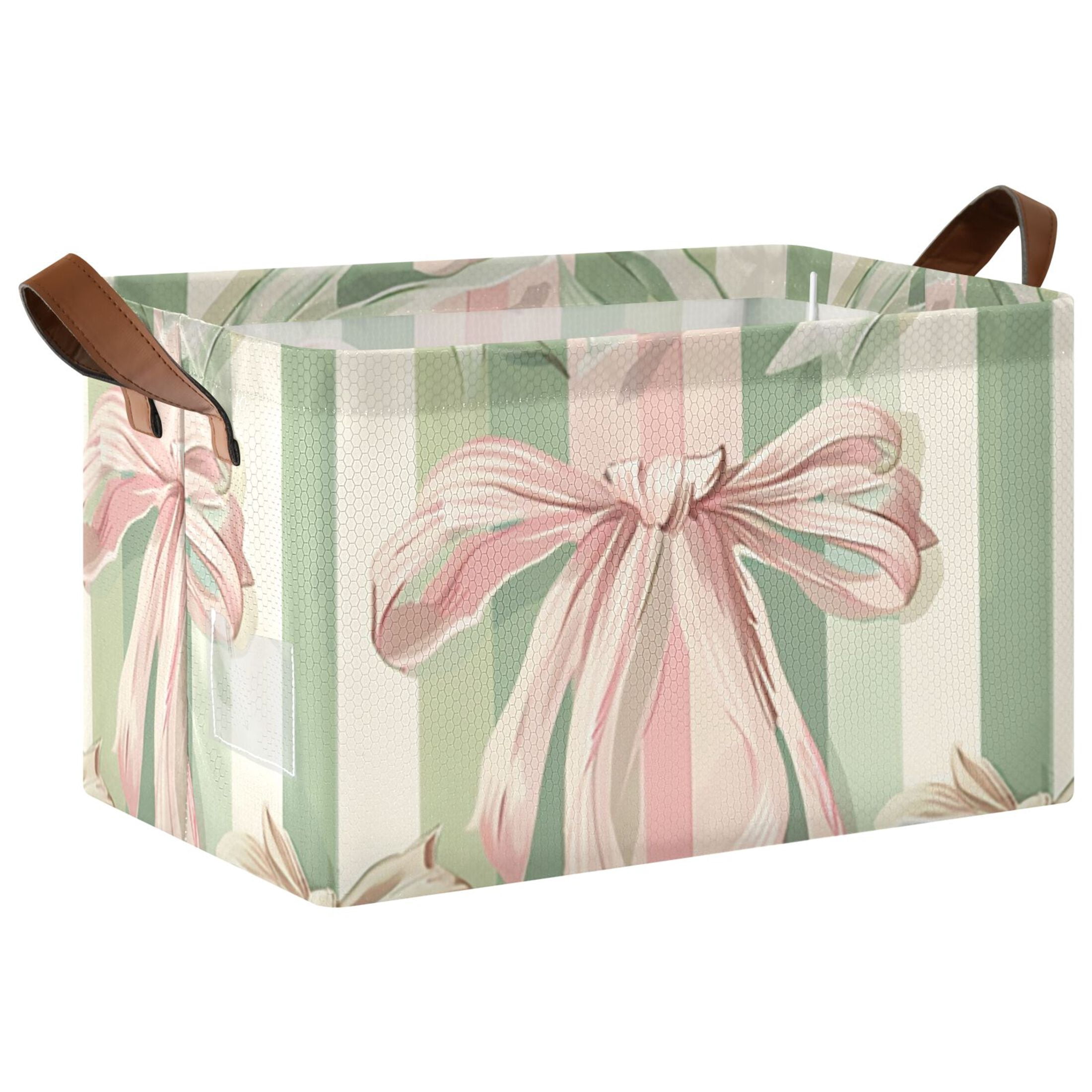 Pink Green Ribbons Stripe Foldable Storage Large Fabric Storage Baskets Organizer Storage Bins with Handles for Shelves