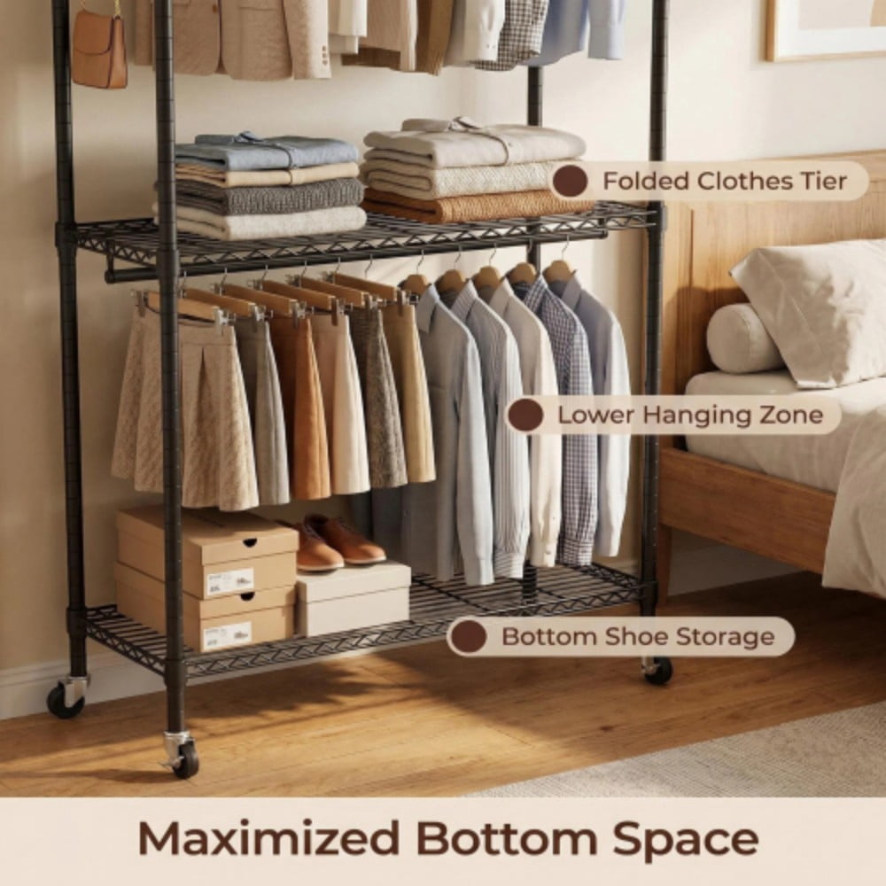 Rolling Clothes Rack, Heavy Duty Garment Rack with Wheels, 3-Tier Adjustable Wire Shelving, 2 Clothes Rods & Side Hooks, Freestanding Metal Clothing Rack, Black