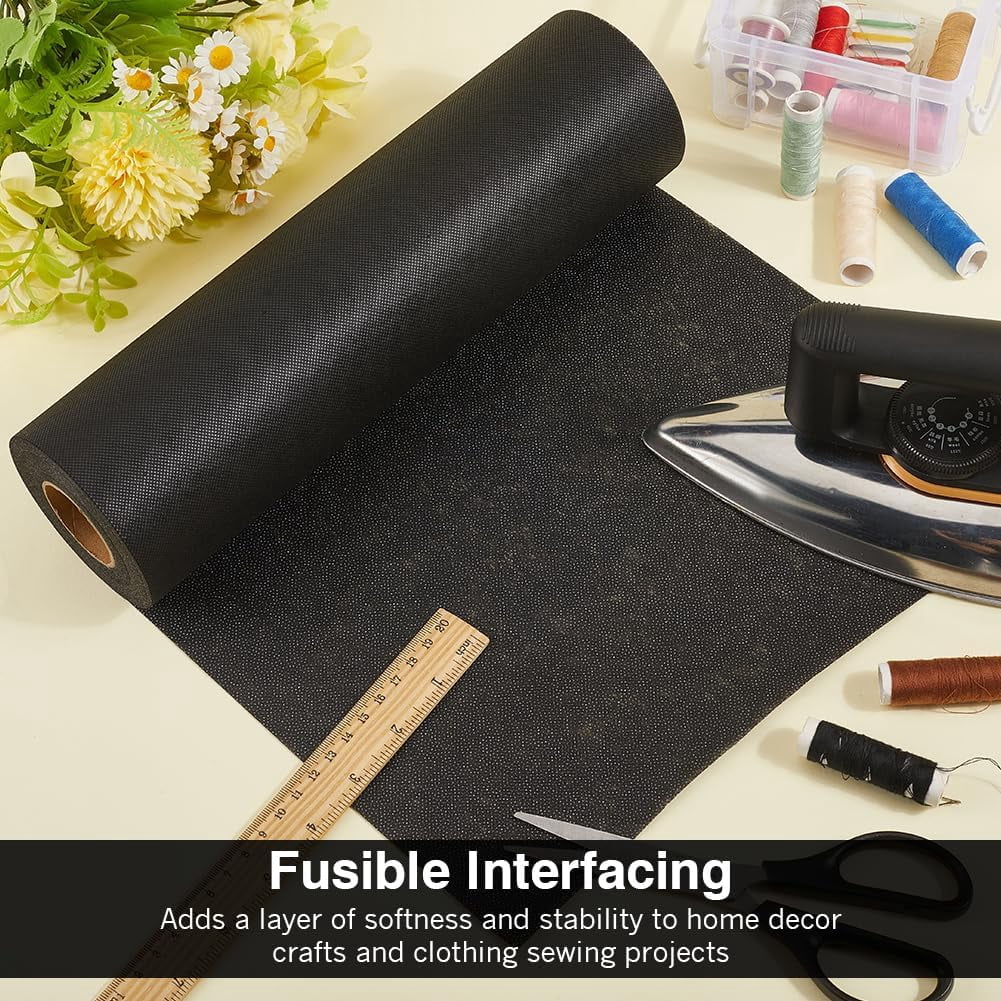 30Yd x 11.8'' Black Iron on Fusible Interfacing Fabric Textiles Polyester Single Sided Interfacings for DIY Crafts Supplies Non Woven Covering Stitch for Sewing Quilting CraftingBlack