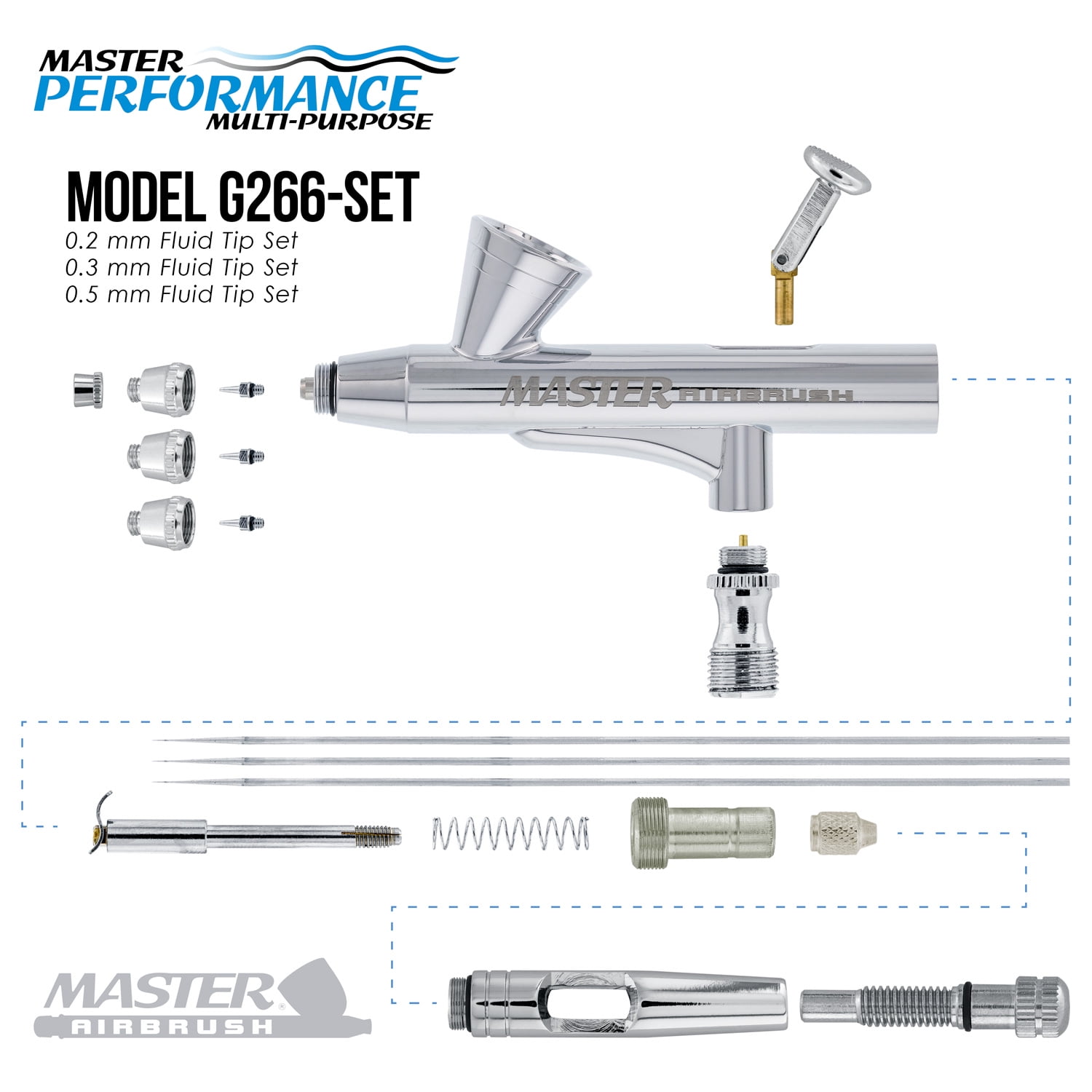 Master Performance G266 Pro Set Master Airbrush with 3 Nozzle Sets (0.2, 0.3 & 0.5mm Needles, Fluid Tips and Air Caps), Cutaway Handle - Dual-Action Gravity Feed Airbrush, 1/16oz Cup - Art Hobby Cake