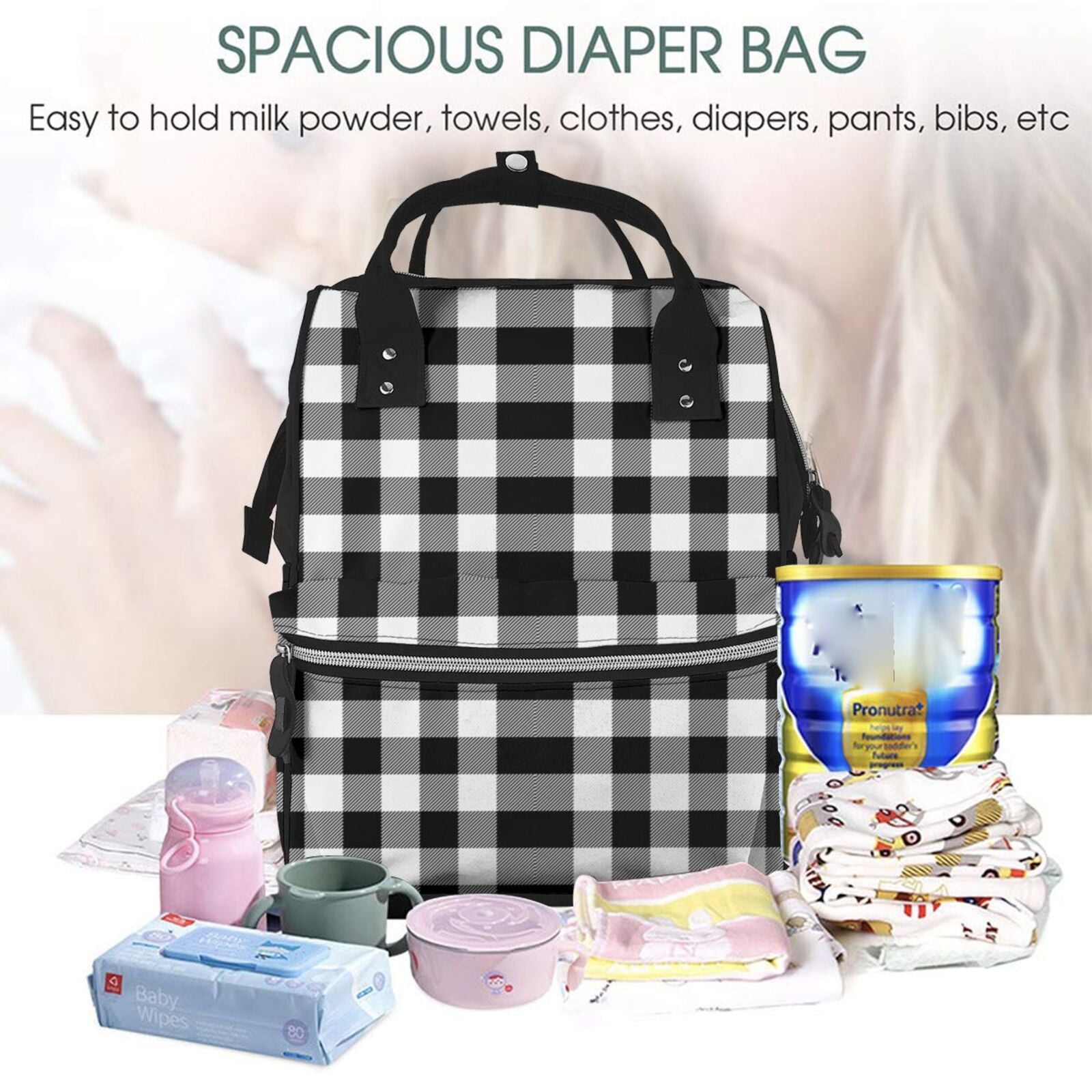 Ratiio White And Black Plaid Mummy Backpack - Waterproof Twill Canvas, Large Capacity Diaper Bag with Multiple Pockets and Adjustable Straps