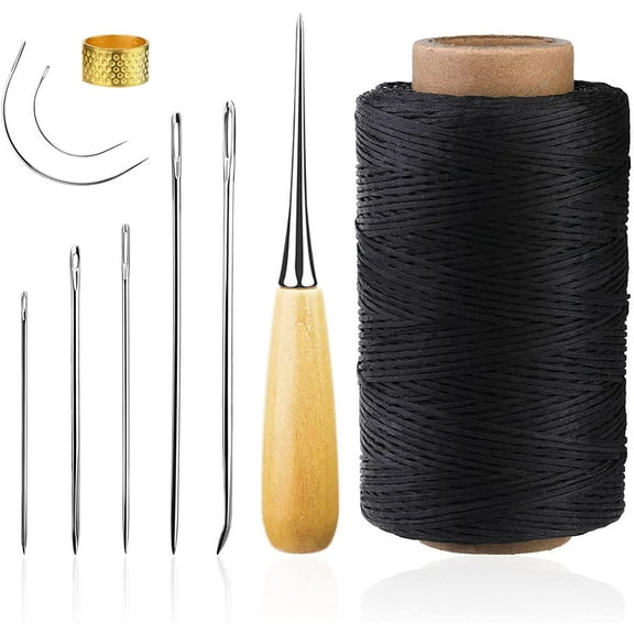 273 Yards Leather Waxed Thread Sewing Kit Including Black Sewing Thread Needle Awl Thimble, Leather Sewing Upholstery Repair Kit for Leather Carpet Sofa Seat Shoe Sewing and Repair