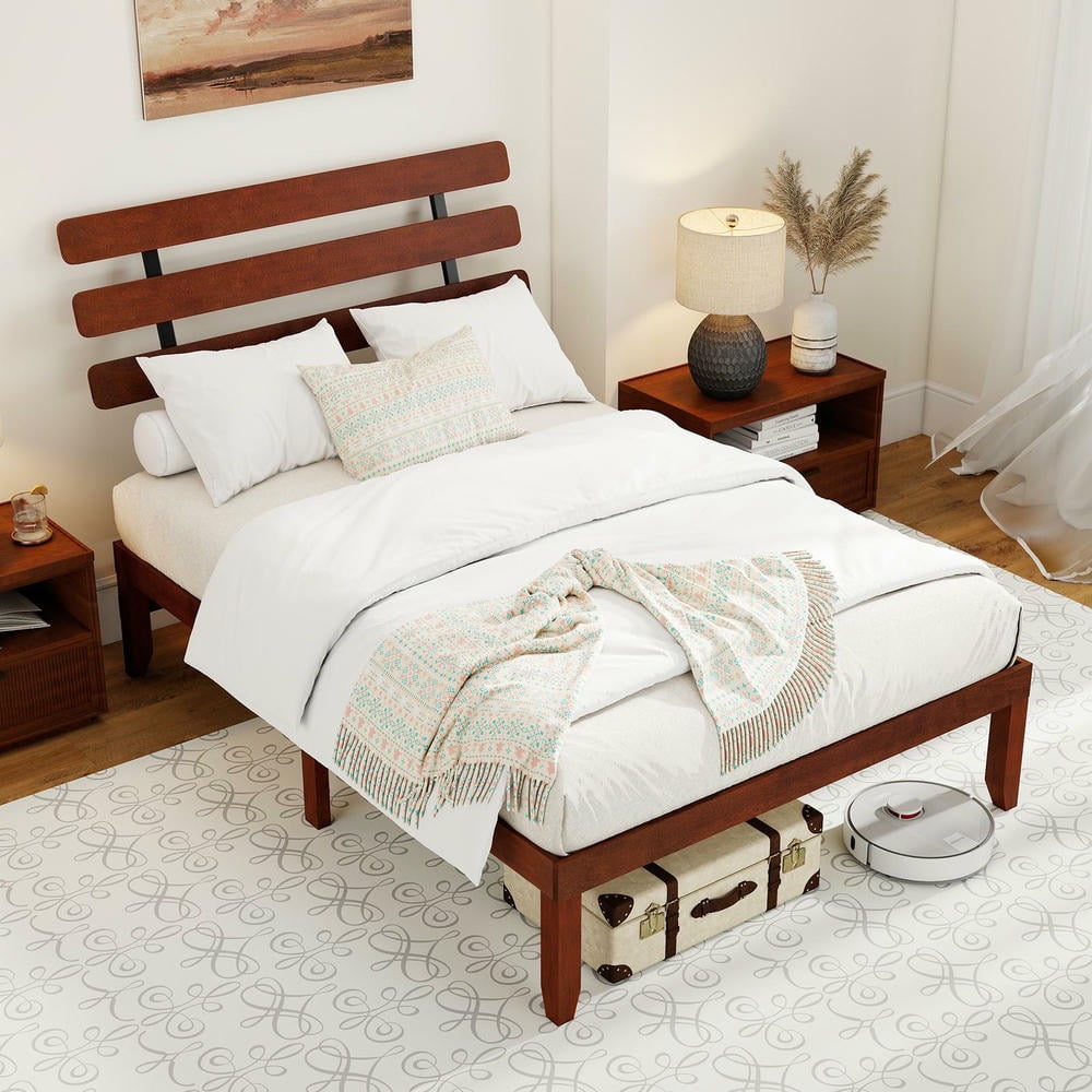 Barara King Full Size Bedroom Bed Frame with Retro Headboard, 15.5 Inch Solid Wood Bed Platform Frame for Apartment, Bedroom, Brown