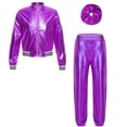 thumbnail image 3 of Raenseen Kids Girls Stage Performance Workout Outfits Patchwork Style Zipper Closure Striped Edge Purple 16, 3 of 9