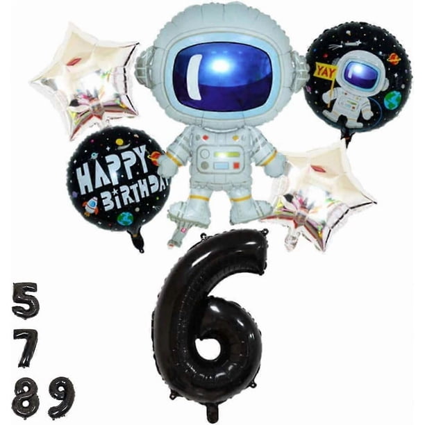 Space Balloons Birthday 6 Years Set - Astronaut Balloon, Outer Space Balloons, Number 6 Balloon Black, Space Ship Party Kids Birthday Boy Girl, 6th Bi