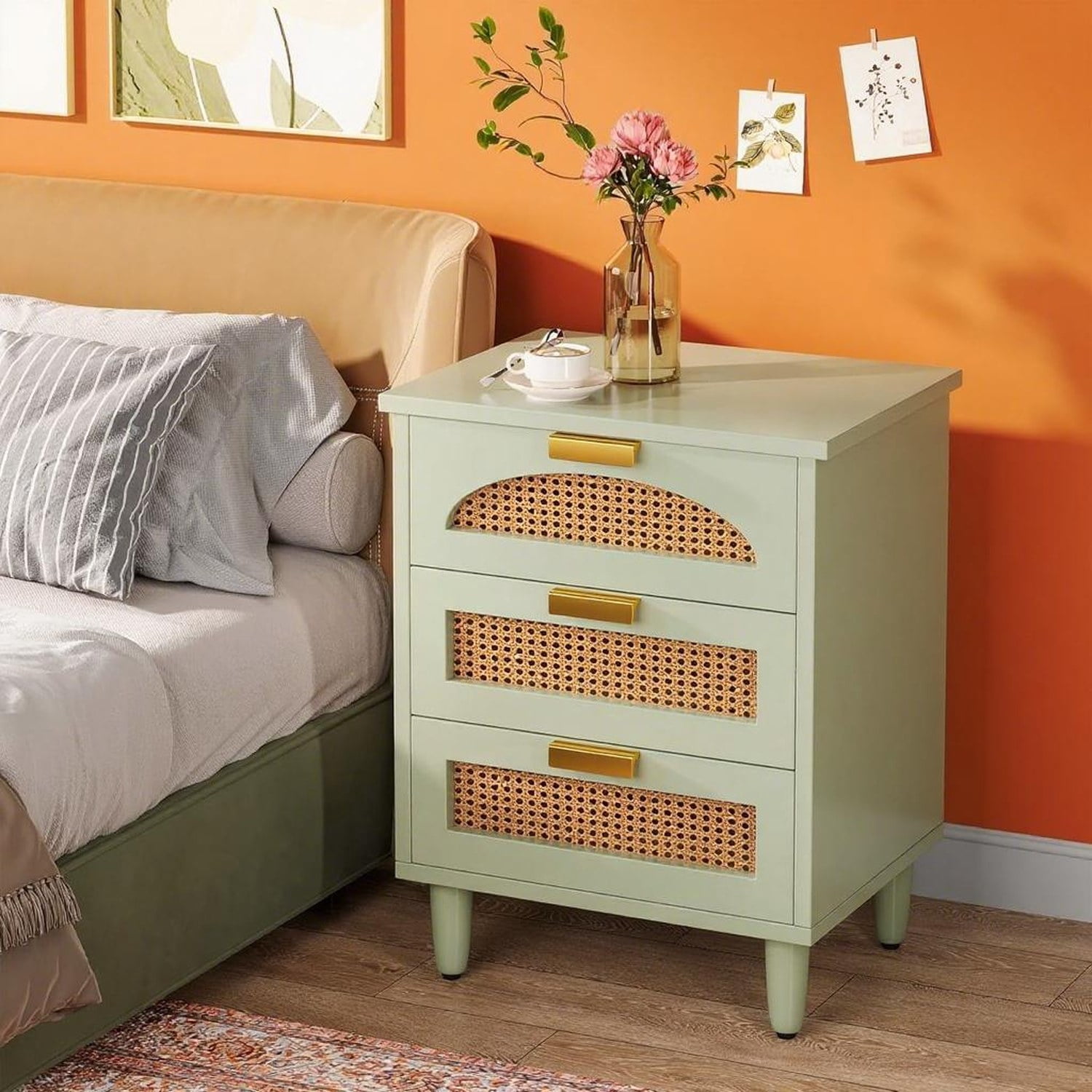Astoutdoor Bedside Table with 3 Drawers, Engineered Wood, Mint Green, 22.83 in L x 18.90 in W x 7.87 in H