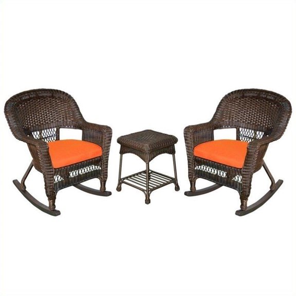 Jeco 3pc Wicker Rocker Chair Set in Espresso with Orange Cushion
