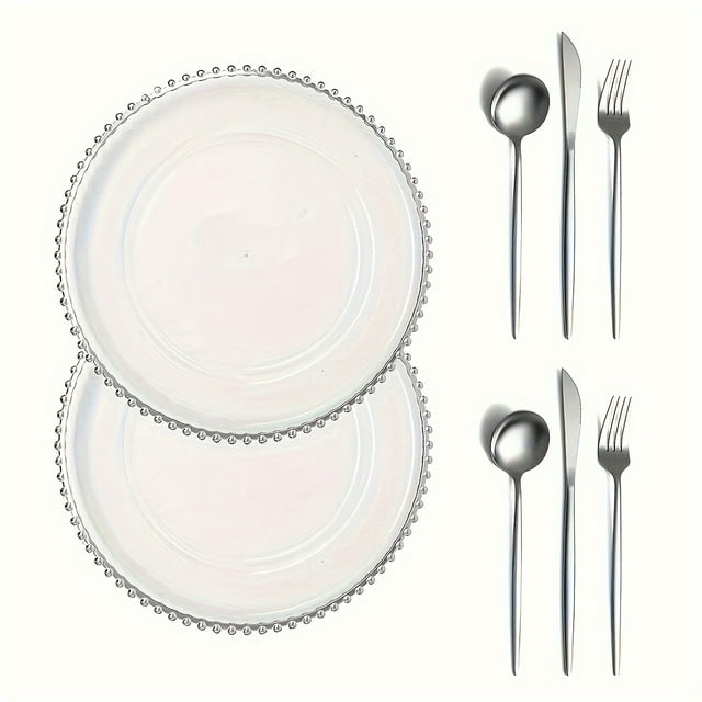 8/16pcs Clear Plastic Charger Plates with Gold Beads Rim Acrylic Decorative Service Plate withGold Beads Rim Decorative Service silver8PCS