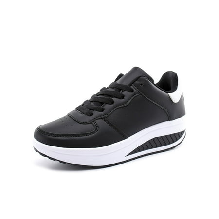 

Fangasis Womens Trainers Wedge Sneakers Casual Athletic Shoes Women Walking Shoe Workout Breathable Lace Up Black White PU Upper 5