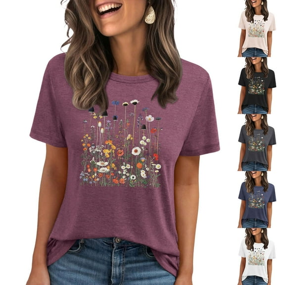 Pxxlle Fashion Graphic Tees for Women Summer Casual Round Neck Going Out Tops Loose Fit Short Sleeve Vacation Beach T Shirts (Gray S)