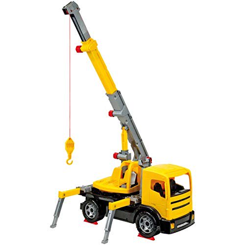 LENA Construction Toys Powerful Giants Camion-Grue Jouet avec Rotation à 360° et Bôme Extensible de 3 Pi en Jaune et Noir Jouets pour Garçons Ou Filles de 3 Ans et Plus