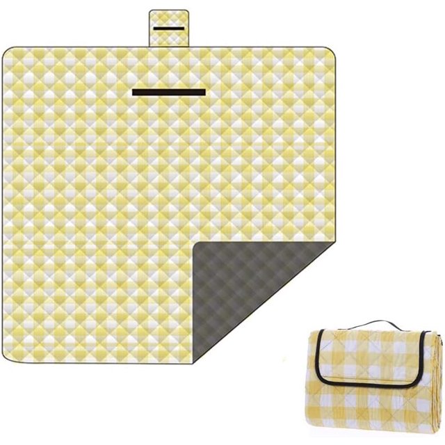 Manta de picnic extragrande, 79'' x 79'', manta de cuadros vichy portátil plegable para parque, césped, exteriores, playa, camping, color amarillo y blanco