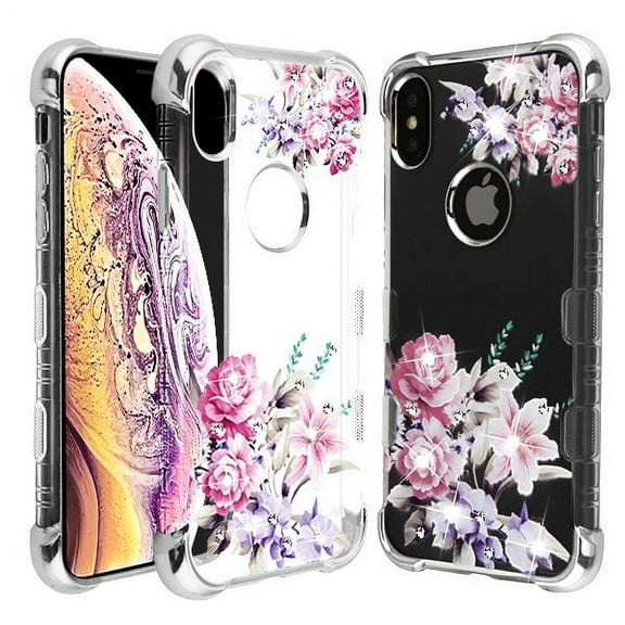 Apple iPhone Xs Max (6.5 inch) Phone Case Hybrid Protective TPU Rubber Silicone Bumper Shockproof Heavy Duty Love Flowers Diamond Bling Phone Case Cover for Apple iPhone Xs Max / 6.5"