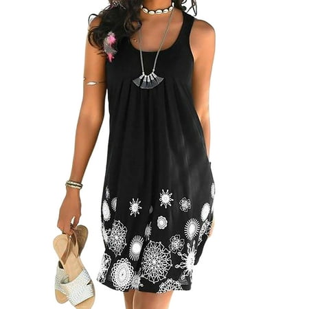 

Bomotoo Women Sleeveless Loose Sundress Summer Butterfly Printed Beach Tank Dress Crew Neck Nightdress Homewear Loungewear Sleep Dresses