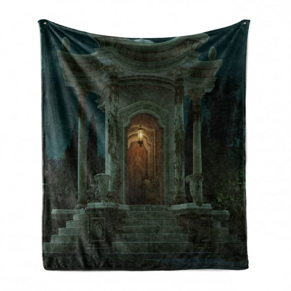 Gothic Soft Flannel Fleece Blanket, Roman Pavilion Lantern Ivy Pillars Dome Medieval Architecture Mystic Theme, Cozy Plush for Indoor and Outdoor Use, 50" x 70", Petrol Blue Orange, by Ambesonne