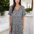 thumbnail image 7 of Women's V-Neck Floral Print Ruffle Hem Dress with Short Sleeves- Large, Black, 7 of 7