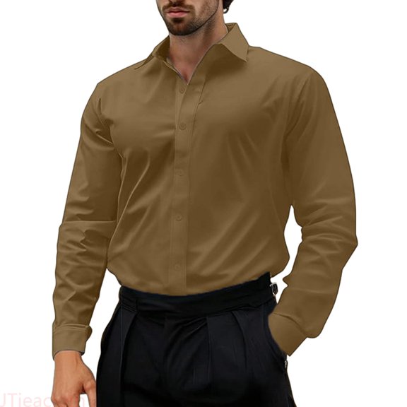 JTieacloth Dress Shirt Classic Fit Business Casual Formal Wear Comfortable Stretch Fabric Dress Shirts Brown
