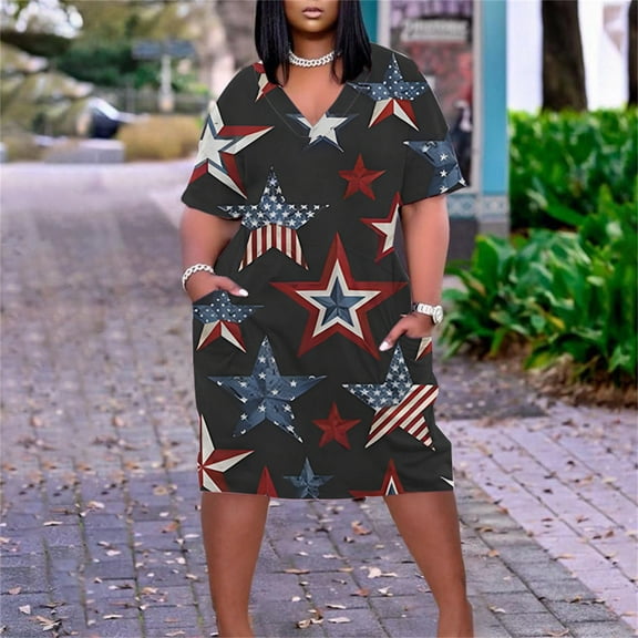 Wycnly Womens Dresses for Independence Day 4th of July Plus Size Casual Swing Pocket Tunic Dresses Short Sleeve V-Neck US Flag Print Midi 2025 Summer Dress Black xxxxl