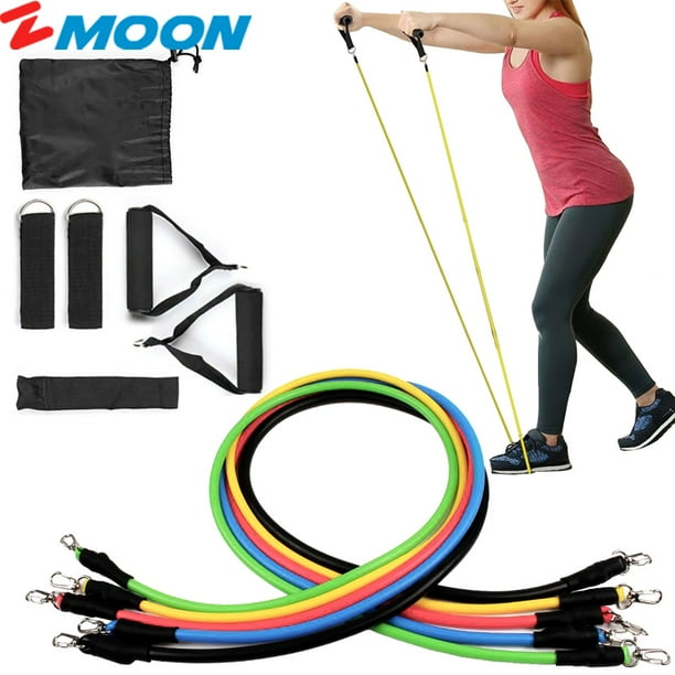 Fitness 11pc Resistance Bands Set 5 Heavy Duty Latex Gym Band with Handles with Ankle Straps