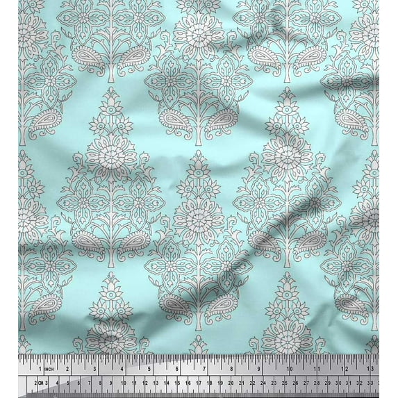 Soimoi Cotton Cambric Fabric Leaves & Floral Block Print Fabric by The Yard 56 Inch Wide