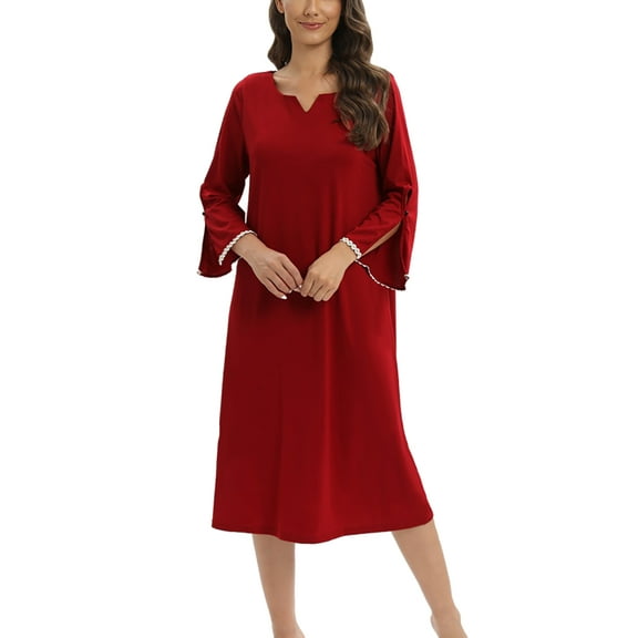 Women's 3/4 Sleeve Nightgown Slot Neck Sleepwear Nightshirt Side Slit Flared Sleeve Loungewear Mid-Calf Length Sleep Dress Soft Pajamas Dress Loungewear S-2XL