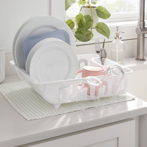 17.4 Inch Depth Dish Drying Rack, Plastic Dish Drainer with Freestanding Polypropylene Design, Kitchen Counter Dish Organizer for Hand Washed Dishes, White