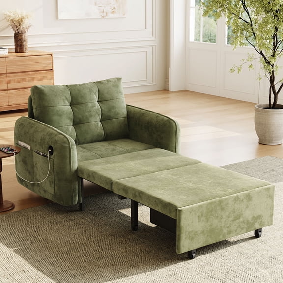 [NEW] 3-in-1 Sleeper Chair Bed, 80" Extra Long Pull Out Sleeping Lounge with USB Charging, Storage Pockets and Box, Tufted Design, Multi-Functional Chenille Single Sofa Bed for Living Room