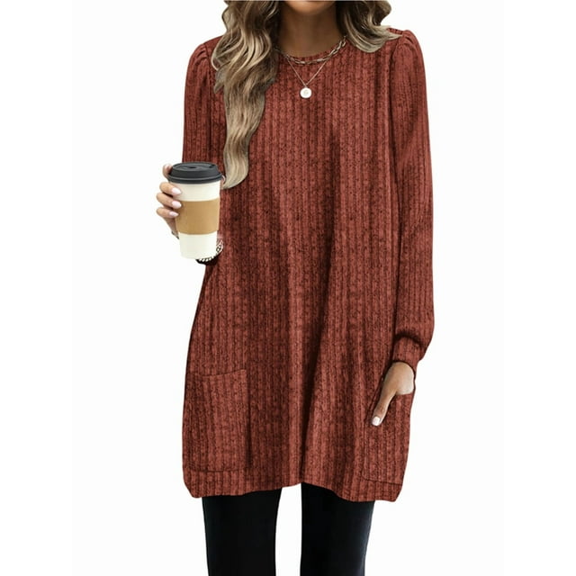 Chemises à Manches Longues pour Femmes Longs Chandails avec Poches Tuniques Amples Rouge Brique S